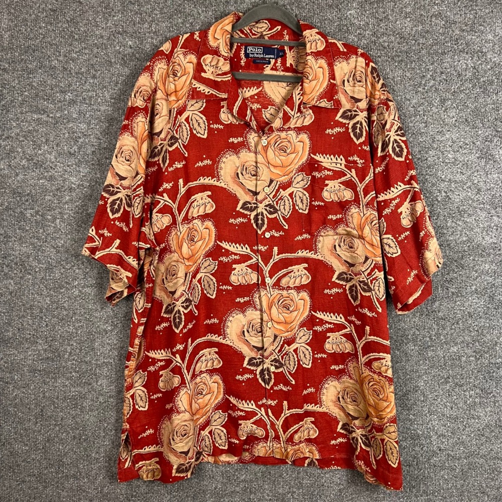 Vintage Polo Ralph Lauren Shirt Mens XL Red Linen Floral Short Sleeve Button Up